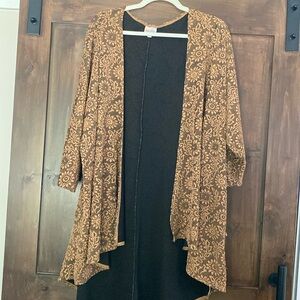 E927  Lularoe Burnt Mustard Yellow Floral Ribbed Long Open Front Cardigan Sz L